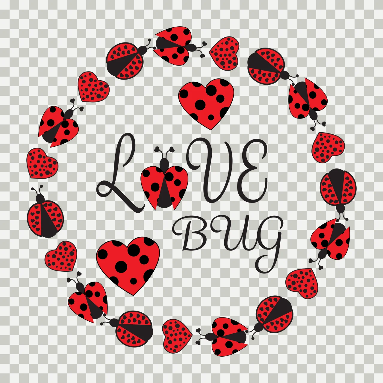 LOVE BUG Typography Design with red ladybug with black spots, red heart with black spots, black text 'LOVE BUG' and ladybug with black wing cover transparency and detail preview thumbnail