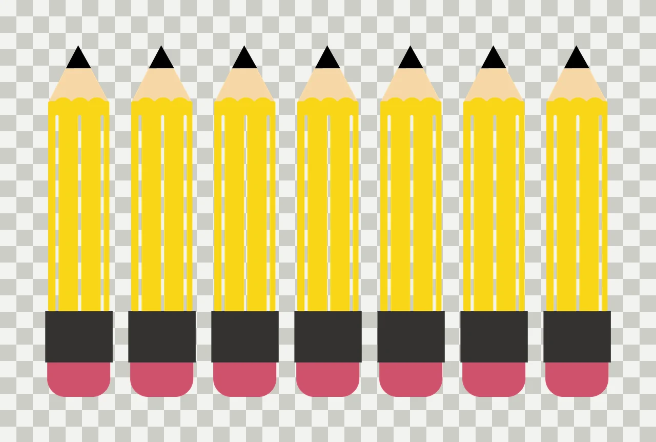 Seven Identical Black Pencils Lined Up aligned Erasers Minimalist transparency and detail preview thumbnail