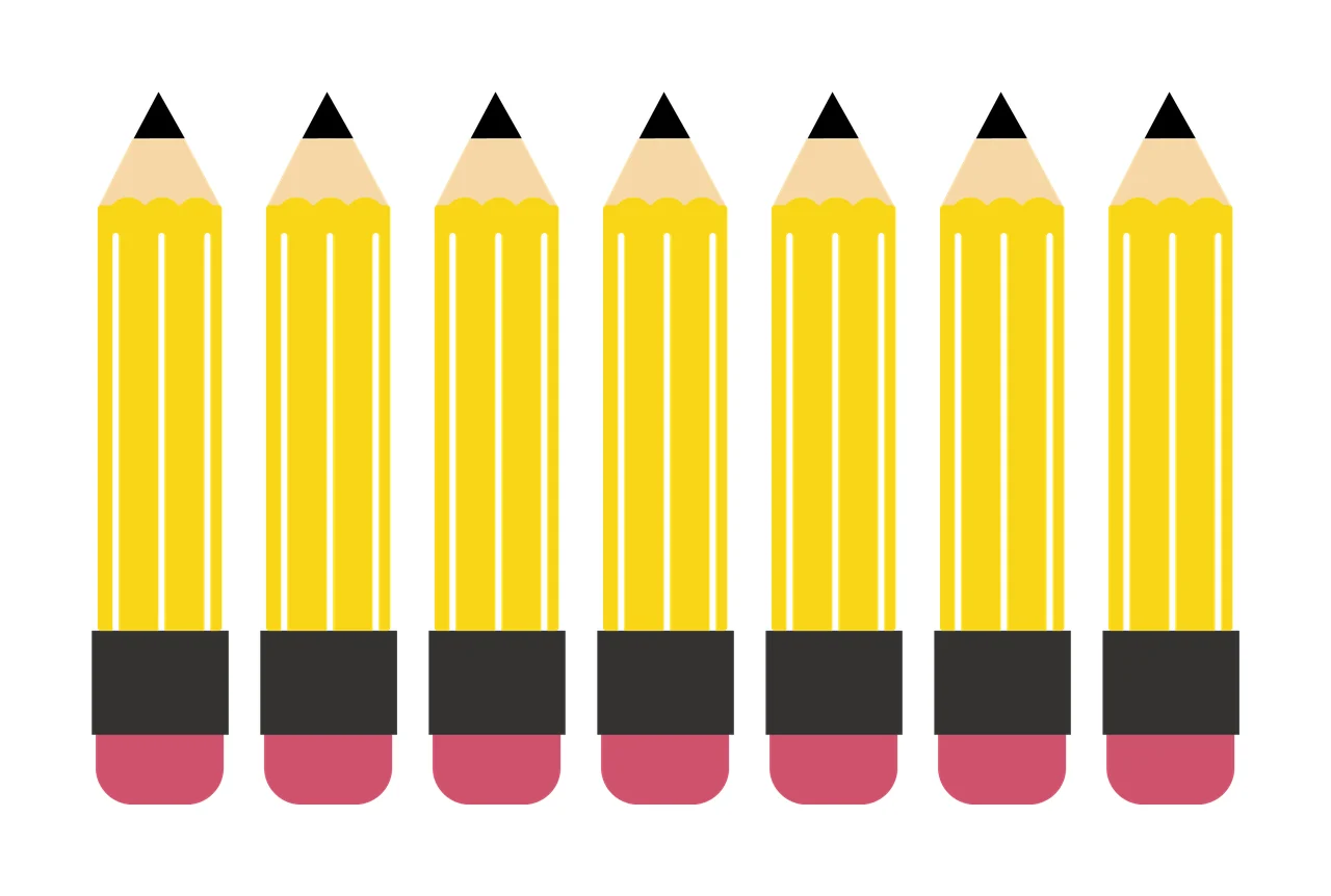 Seven Identical Black Pencils Lined Up aligned Erasers Minimalist