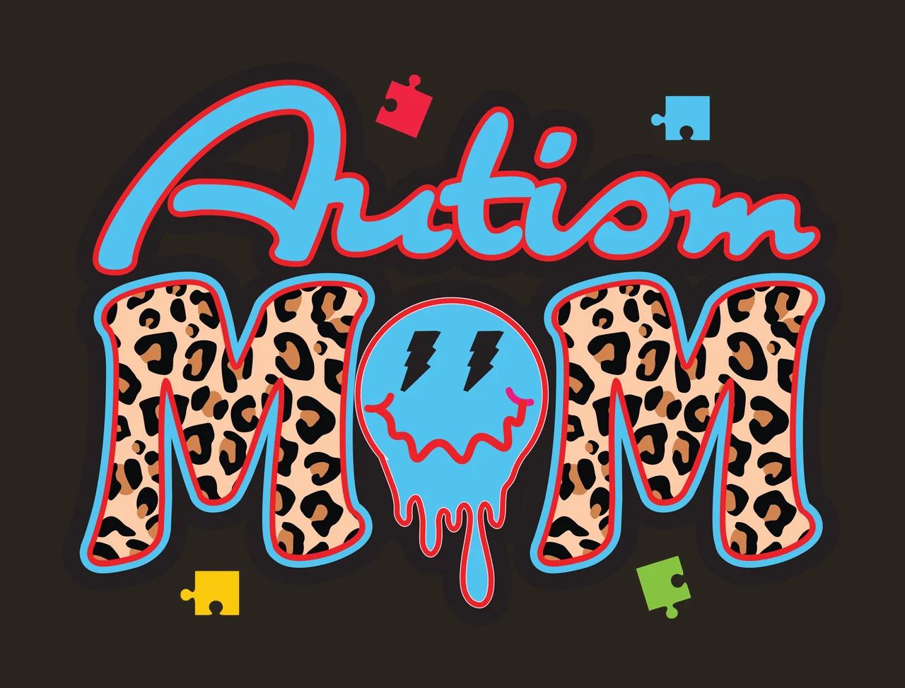 Autism MOM Leopard-print 'MOM' Design with blue 'Autism' text, blue melting smiley face with lightning bolts and red blue yellow green puzzle pieces in black contrast preview thumbnail