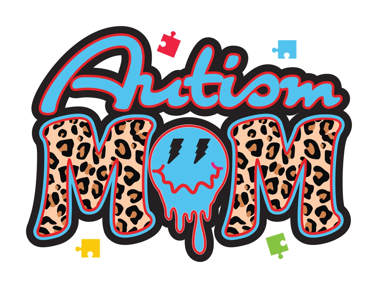 Autism MOM Leopard-print 'MOM' Design with blue 'Autism' text, blue melting smiley face with lightning bolts and red blue yellow green puzzle pieces in black