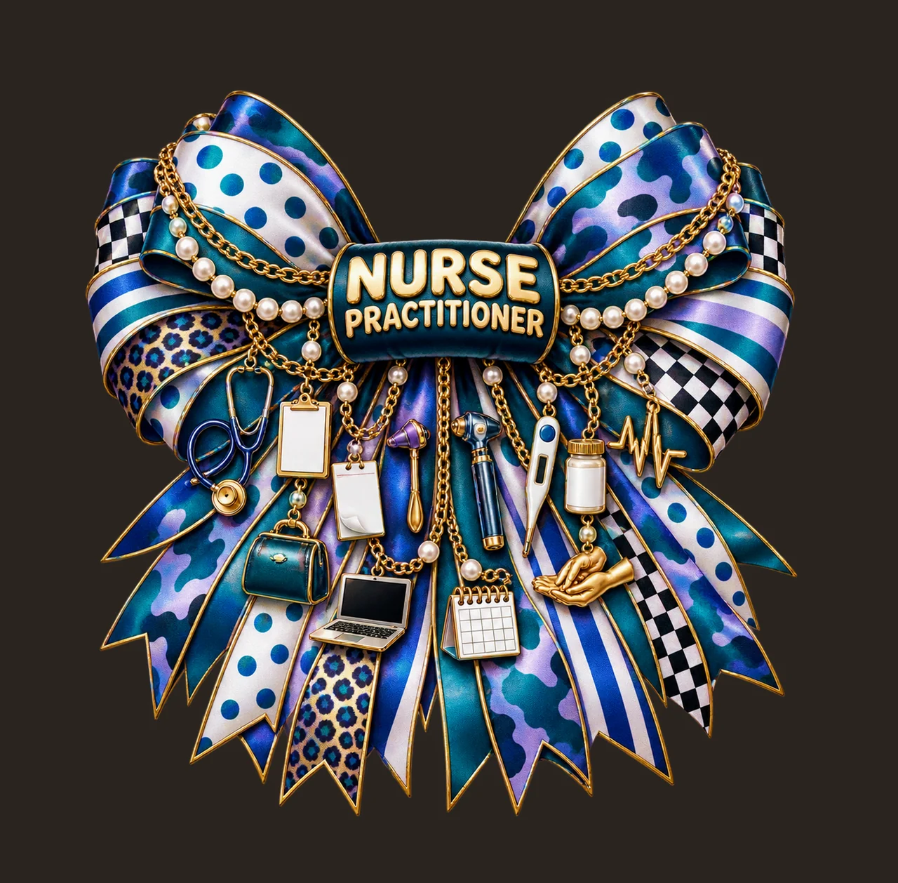 Nurse Practitioner Bow Charm PNG, Gold Chain Charms, Transparent Sublimation Design, Digital Download contrast preview thumbnail