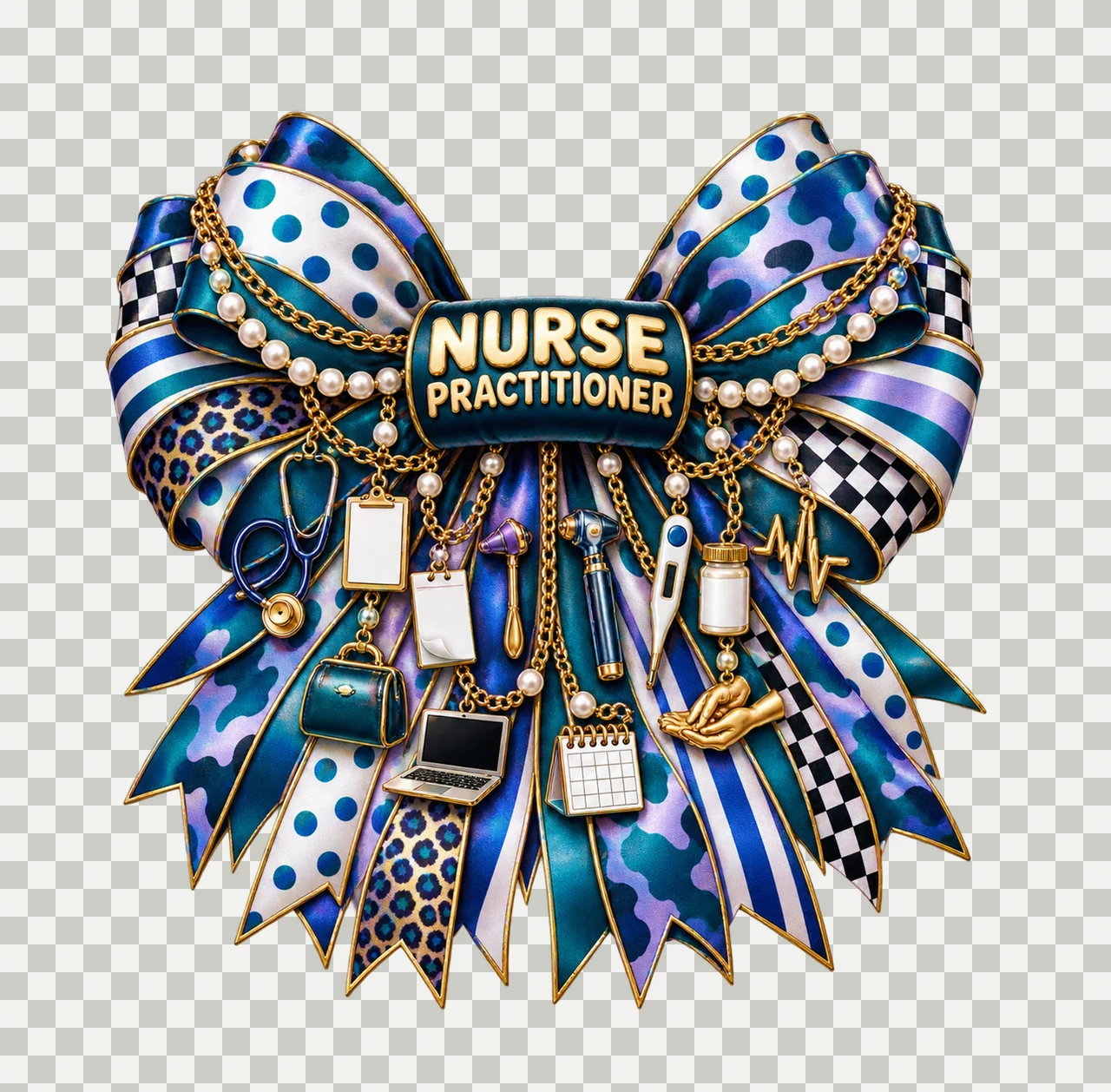 Nurse Practitioner Bow Charm PNG, Gold Chain Charms, Transparent Sublimation Design, Digital Download transparency and detail preview thumbnail
