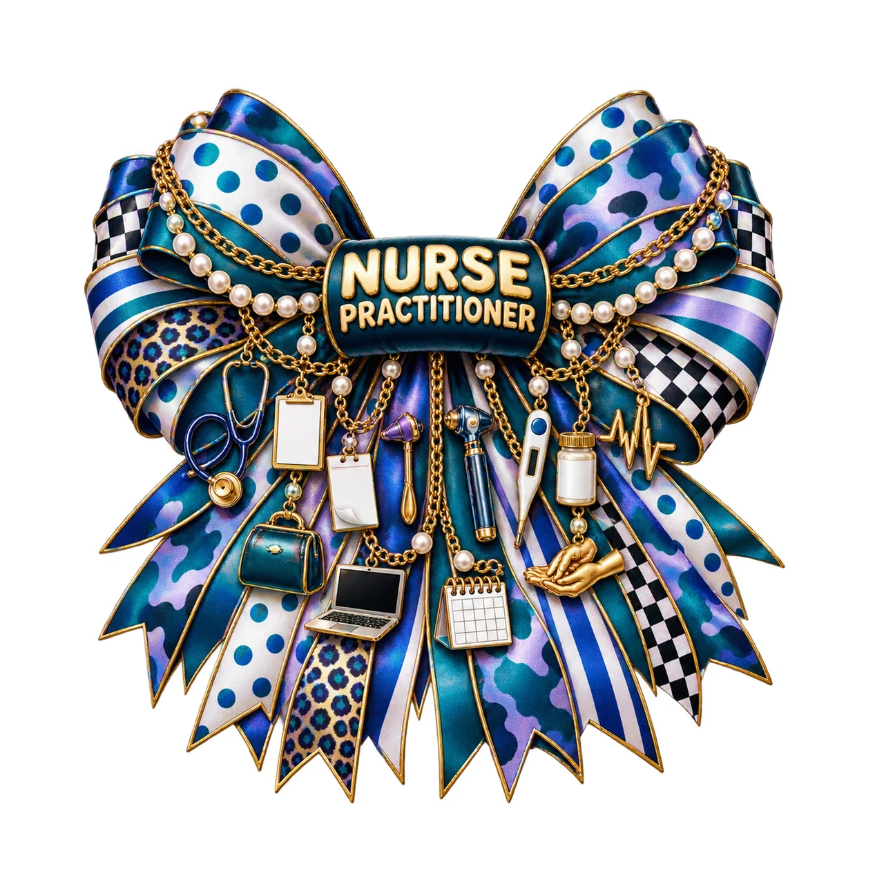Nurse Practitioner Bow Charm PNG, Gold Chain Charms, Transparent Sublimation Design, Digital Download