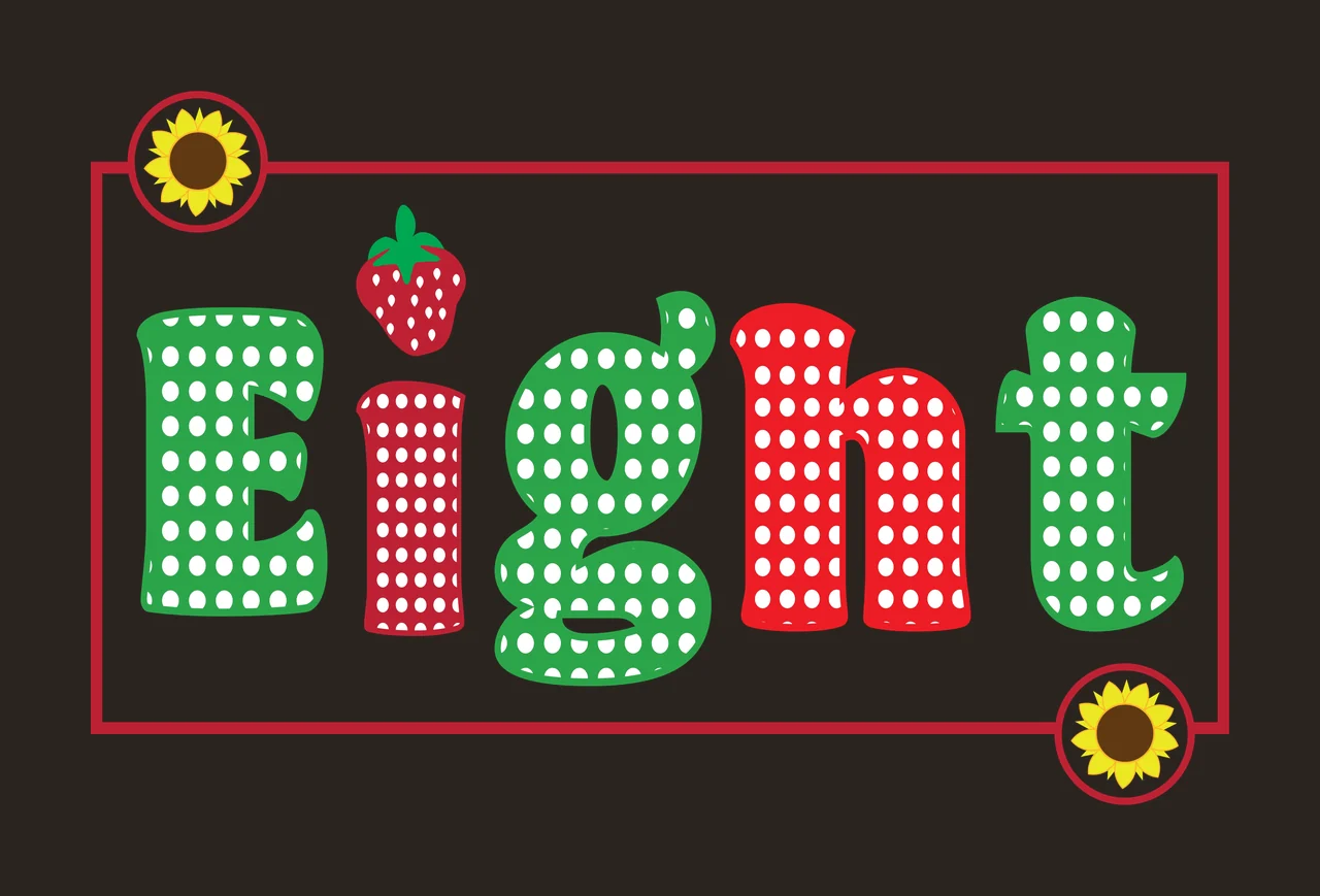Eight eight typography Number Design with polka dot pattern lettering, strawberry icon, sunflower emblems and rectangular frame in green, red and white contrast preview thumbnail