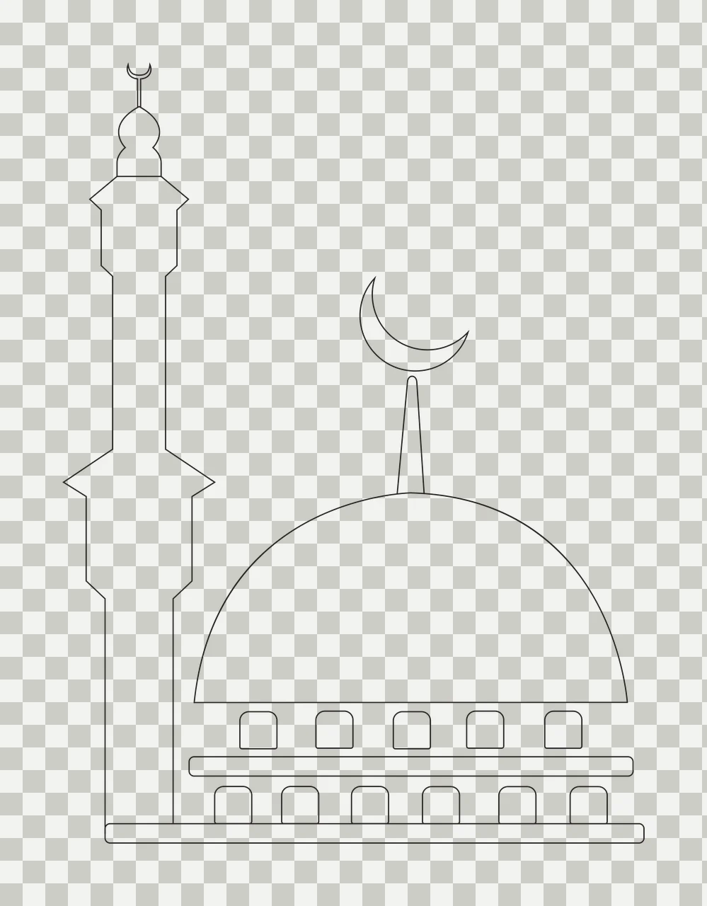 Mosque Outline With Tall Minaret Standing dome crescent line drawing transparency and detail preview thumbnail