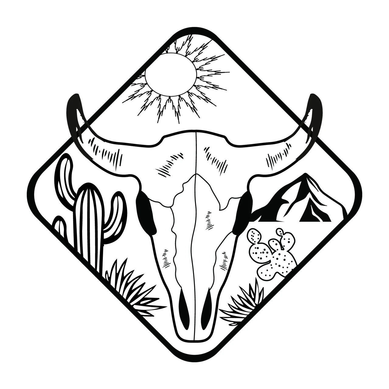 Bull Skull Cactus Diamond Frame Design mountain sun line art
