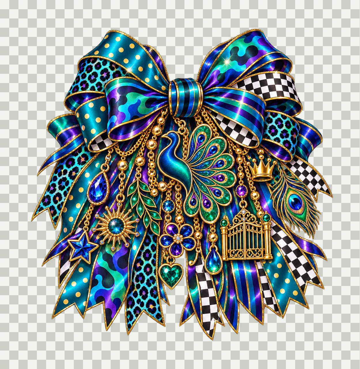 Peacock Lover Bow Charm PNG, Gold Chain Charms, Transparent Sublimation Design, Digital Download transparency and detail preview thumbnail