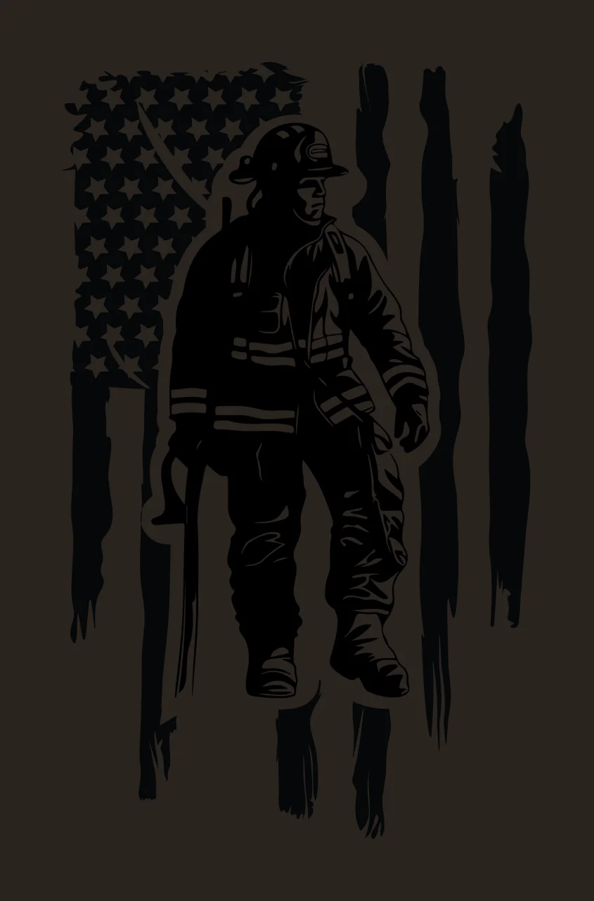Firefighter Standing In Front Of Flag helmet gear tool silhouette contrast preview thumbnail
