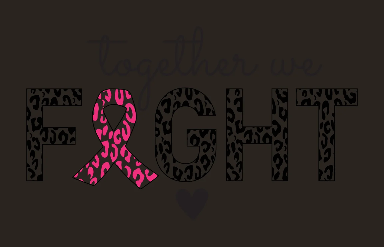 Together we FIGHT Awareness Typography Design with black cursive text 'together we', black outline letters 'F' 'G' 'H' 'T' filled with black-and-white leopard print, pink leopard-print breast cancer contrast preview thumbnail