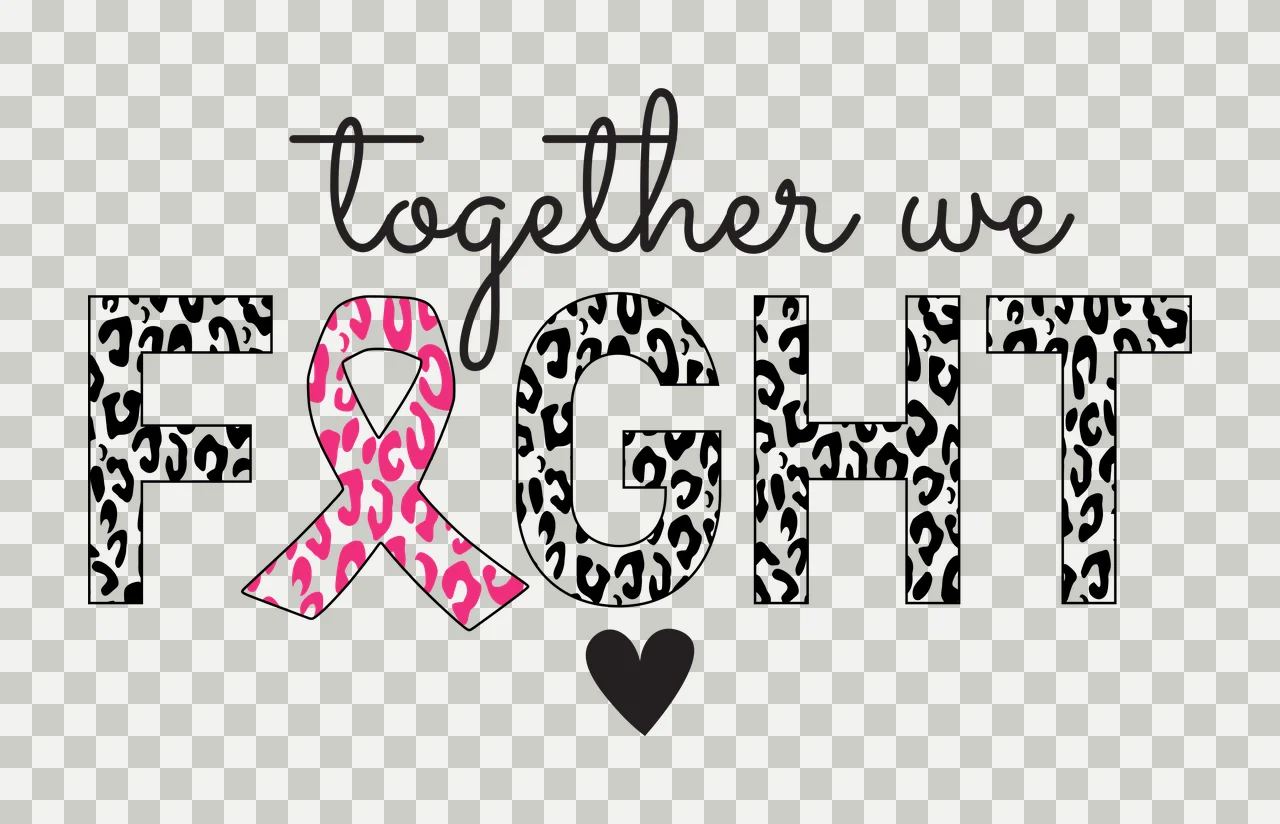 Together we FIGHT Awareness Typography Design with black cursive text 'together we', black outline letters 'F' 'G' 'H' 'T' filled with black-and-white leopard print, pink leopard-print breast cancer transparency and detail preview thumbnail