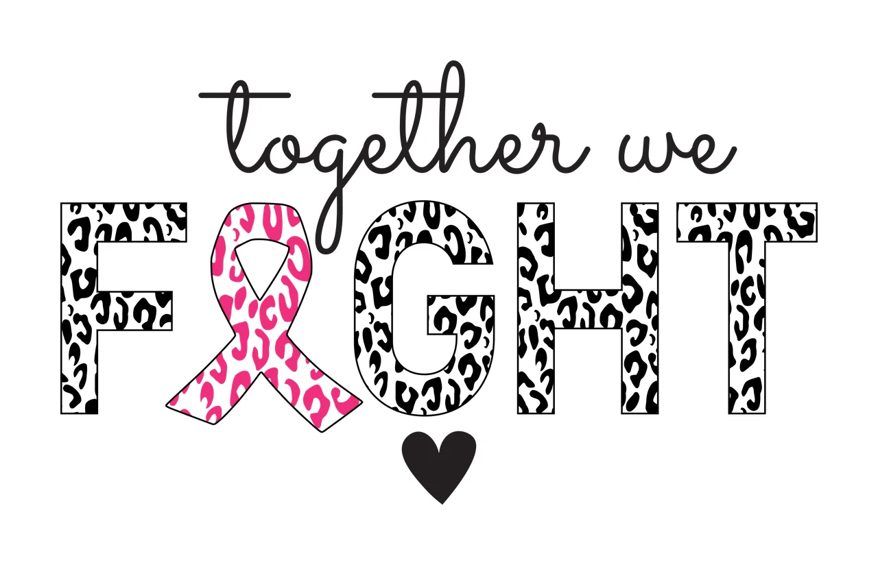 Together we FIGHT Awareness Typography Design with black cursive text 'together we', black outline letters 'F' 'G' 'H' 'T' filled with black-and-white leopard print, pink leopard-print breast cancer