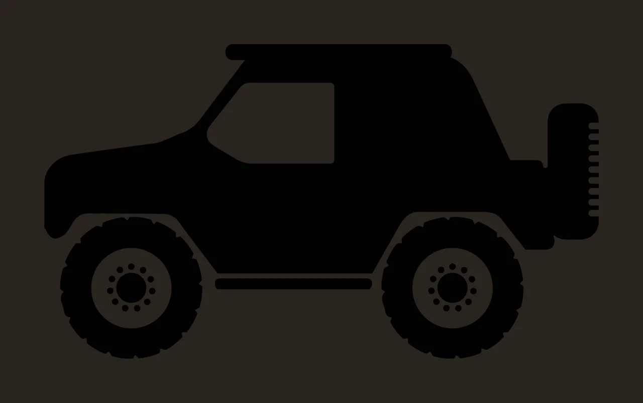 Off-road vehicle silhouette Illustration with black vehicle silhouette, large treaded tires, white wheel centers with dot pattern and roof rack contrast preview thumbnail