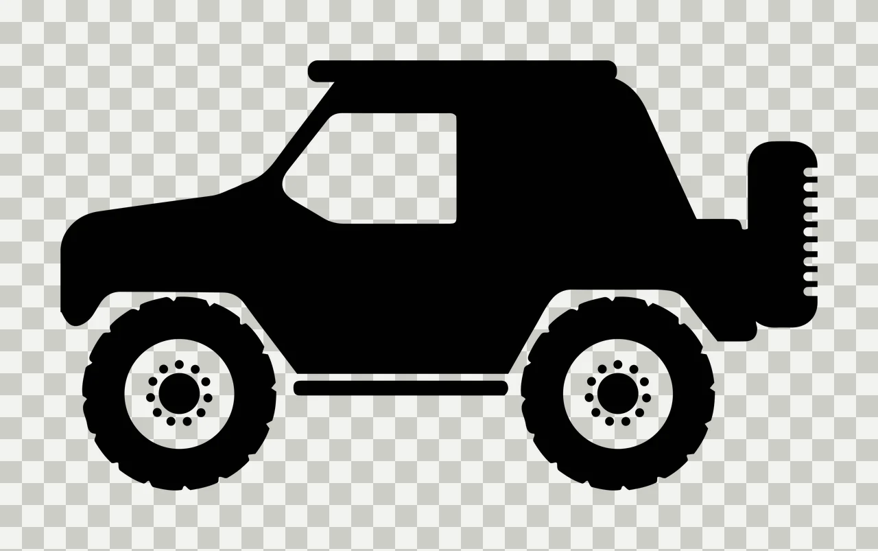 Off-road vehicle silhouette Illustration with black vehicle silhouette, large treaded tires, white wheel centers with dot pattern and roof rack transparency and detail preview thumbnail