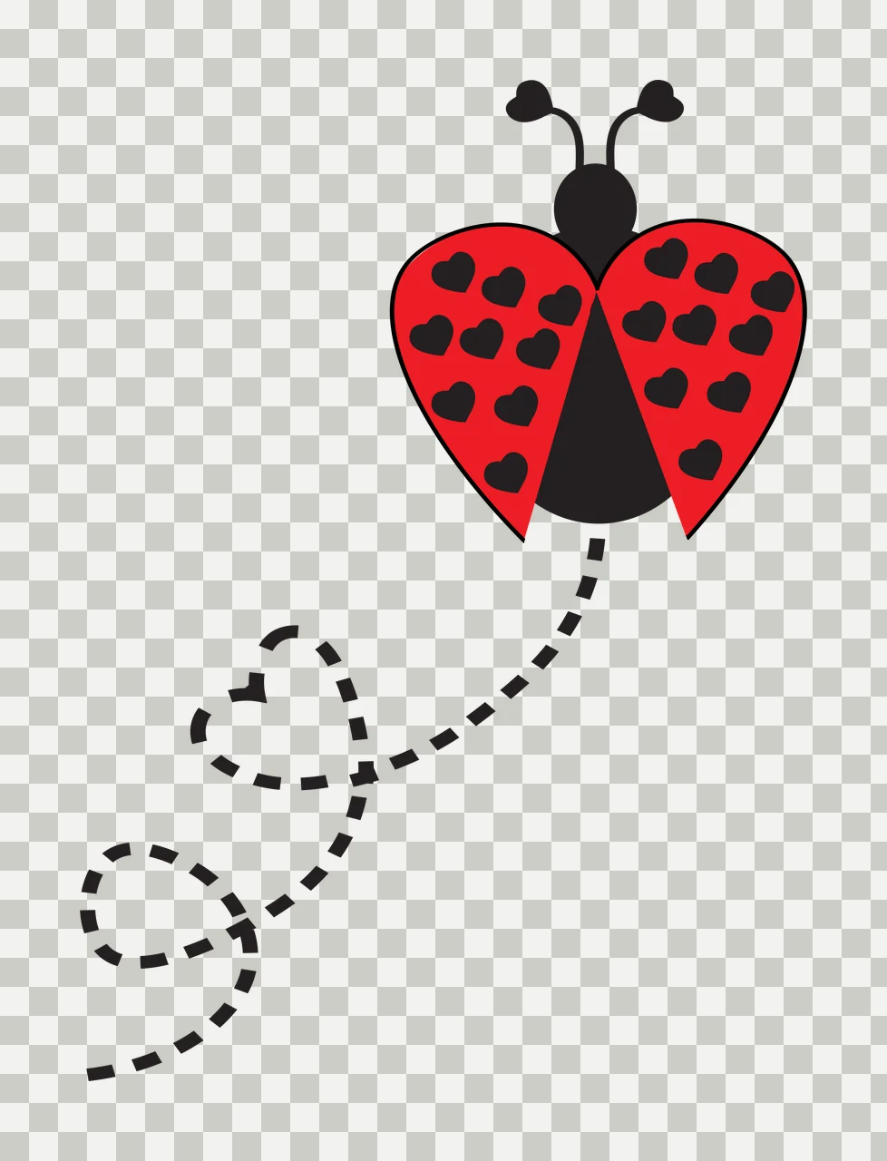 Ladybug with heart motifs Illustration with red ladybug, black heart-shaped spots, black antennae and dashed black line in white transparency and detail preview thumbnail