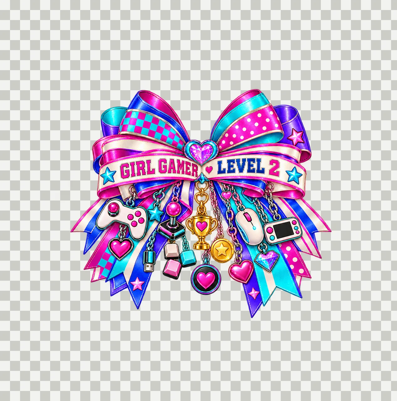 Girl Gamer Level 2 Bow Charm PNG, Patterned Coquette Bow Clipart, Transparent Sublimation Digital Download transparency and detail preview thumbnail