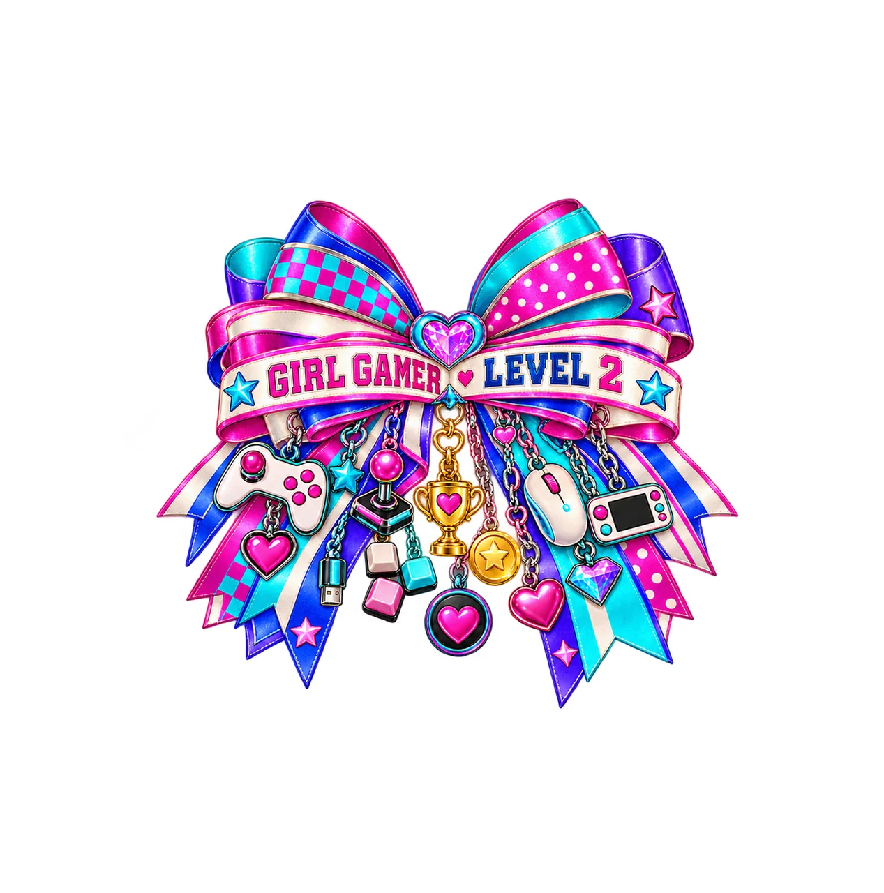 Girl Gamer Level 2 Bow Charm PNG, Patterned Coquette Bow Clipart, Transparent Sublimation Digital Download