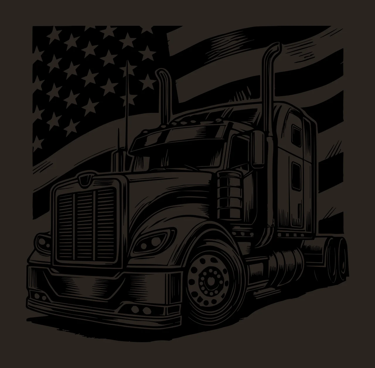 Semi Truck Flag Before Us Graphic standing black and white contrast preview thumbnail