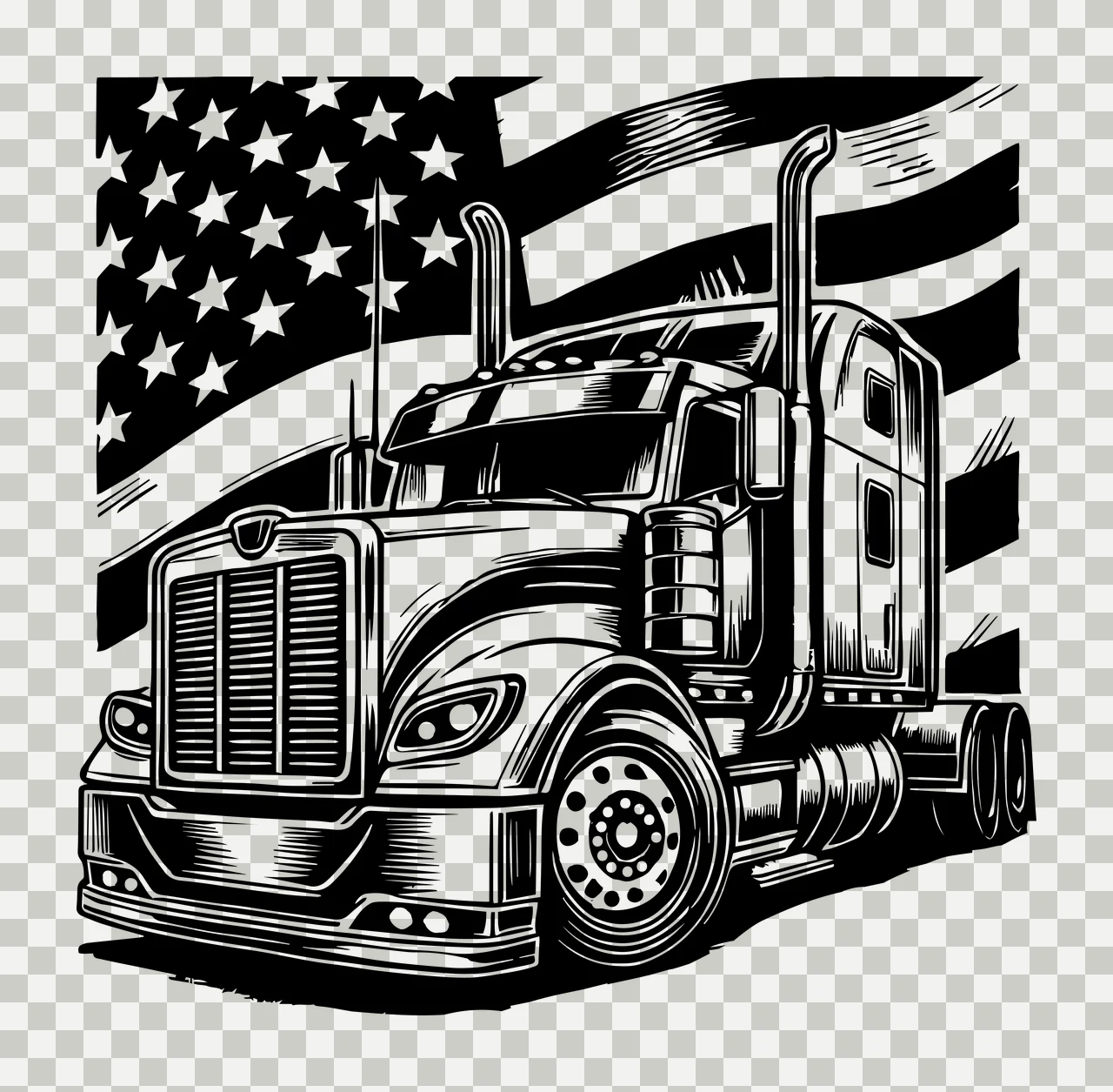 Semi Truck Flag Before Us Graphic standing black and white transparency and detail preview thumbnail
