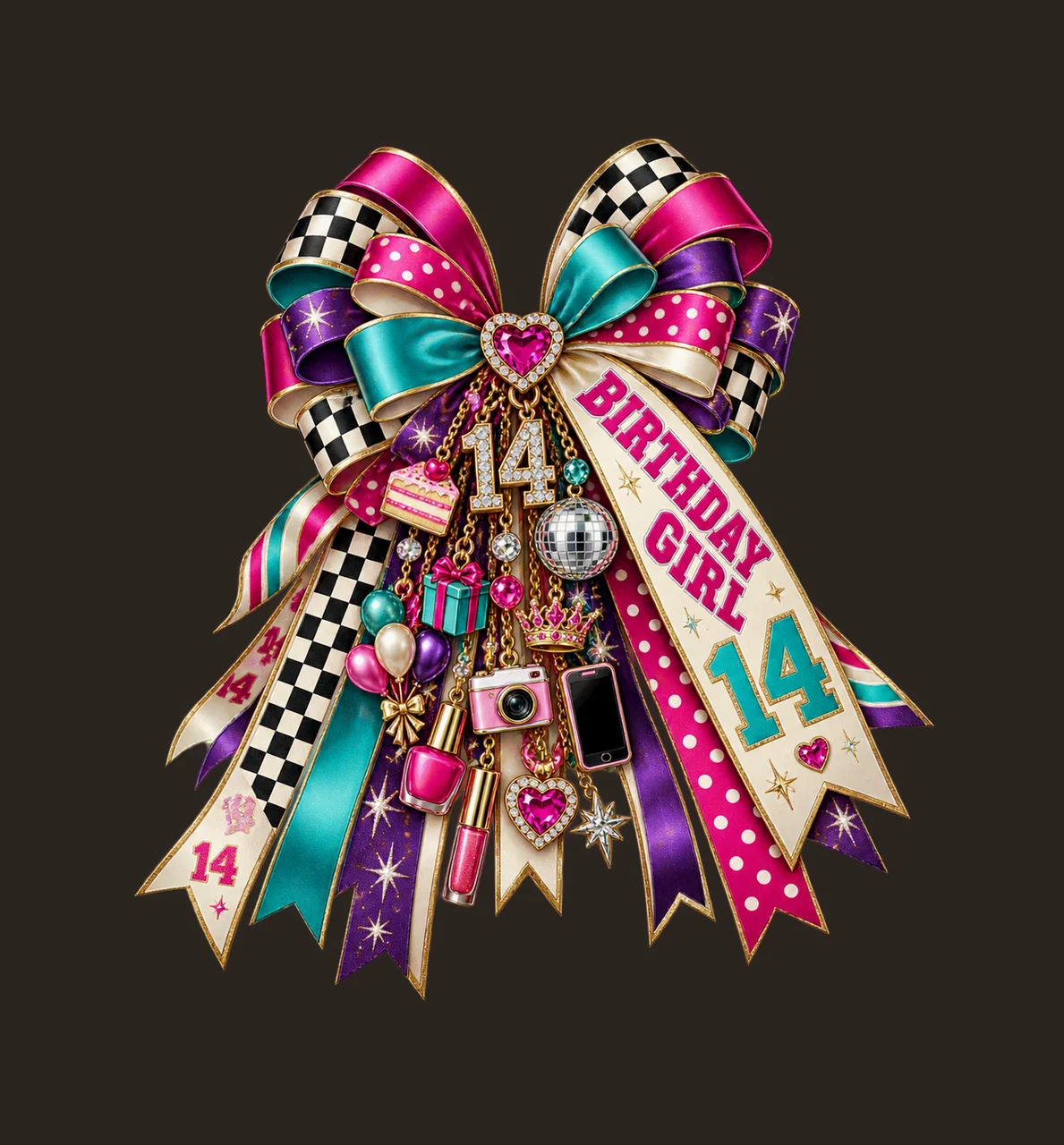 Birthday Girl 14 Bow Charm PNG, Patterned Coquette Bow Clipart, Transparent Sublimation Digital Download contrast preview thumbnail
