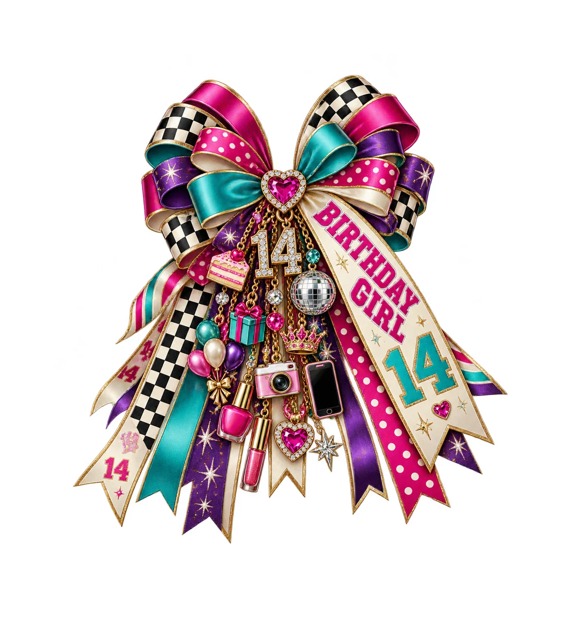 Birthday Girl 14 Bow Charm PNG, Patterned Coquette Bow Clipart, Transparent Sublimation Digital Download