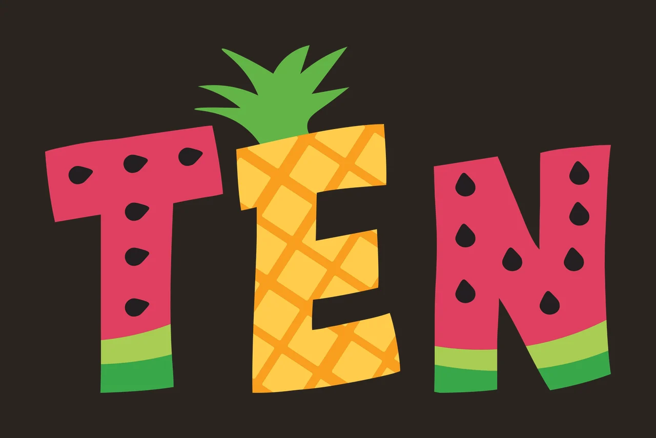 TEN fruit typography with letter T, watermelon pattern, pineapple grid and black seeds in pink, yellow and green contrast preview thumbnail