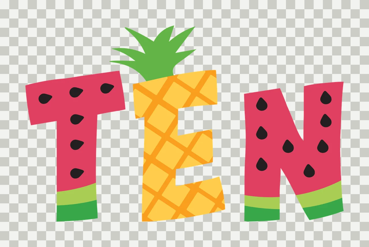 TEN fruit typography with letter T, watermelon pattern, pineapple grid and black seeds in pink, yellow and green transparency and detail preview thumbnail