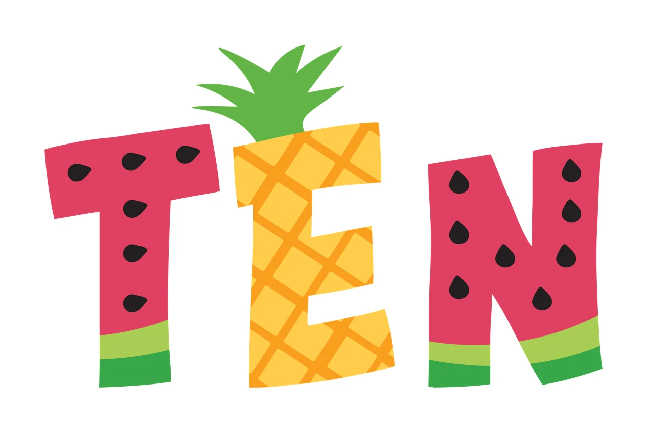 TEN fruit typography with letter T, watermelon pattern, pineapple grid and black seeds in pink, yellow and green