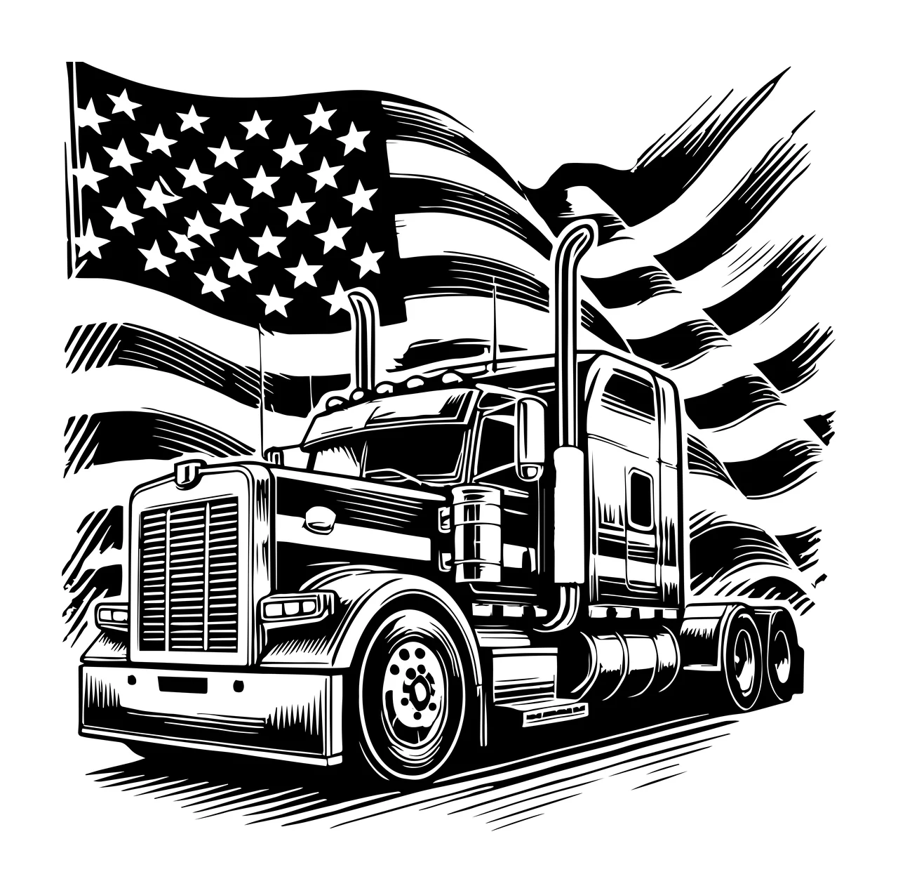 Truck Flag Silhouette With American black white vehicle transportation