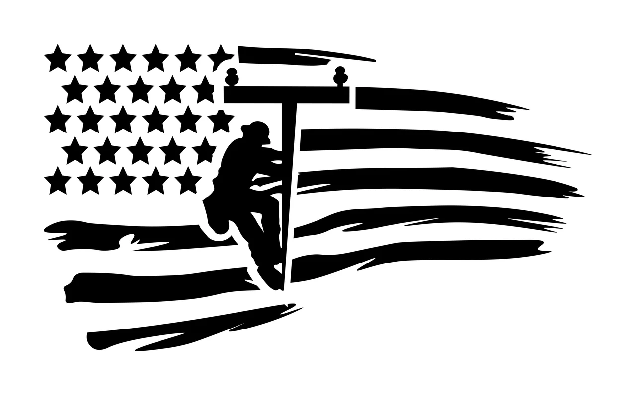 Lineman On Utility Pole Flag Climbing Stars Stripes Silhouette