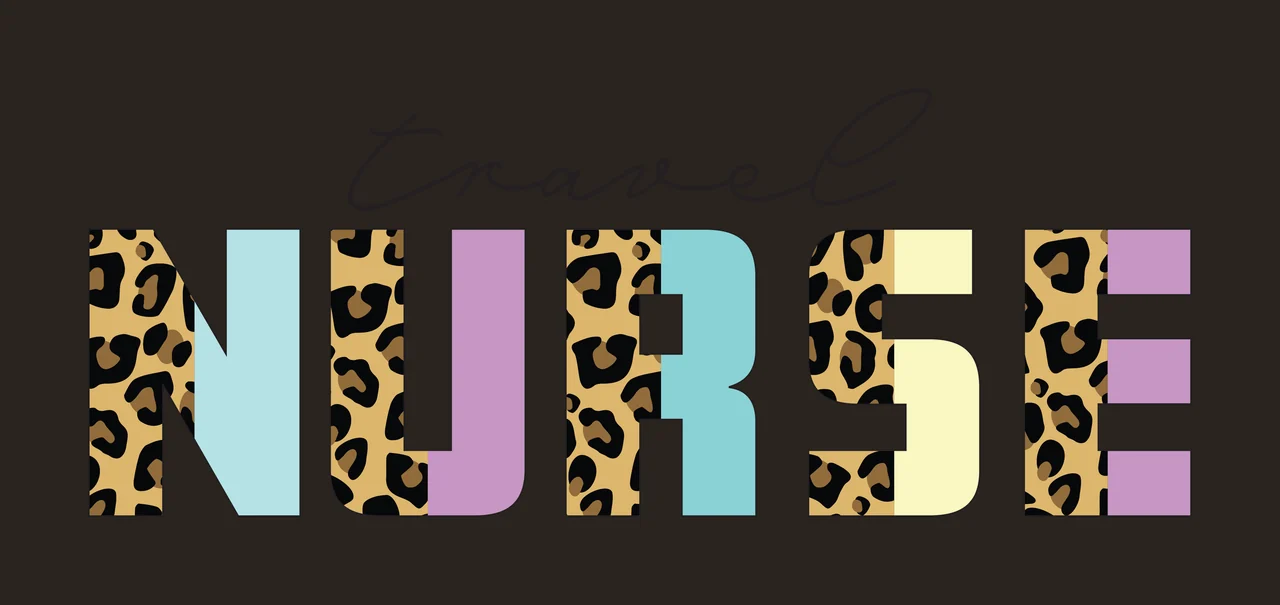 Travel NURSE Typography Design with leopard print pattern, pastel blue letter, pastel purple letter and pastel yellow letter in beige, black and light blue contrast preview thumbnail
