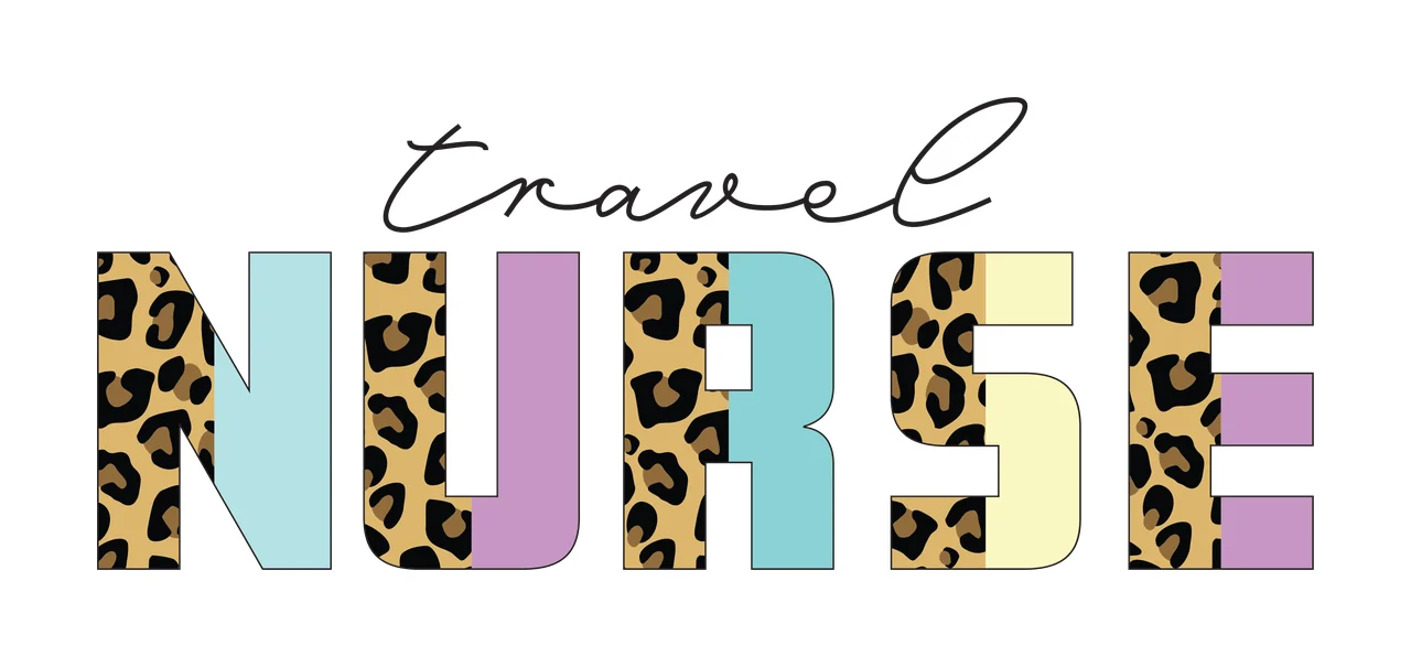 Travel NURSE Typography Design with leopard print pattern, pastel blue letter, pastel purple letter and pastel yellow letter in beige, black and light blue