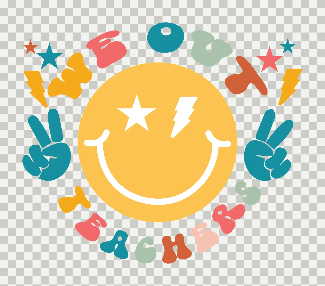 We Out Teachers Retro Typography Graphic With Peace sign lightning transparency and detail preview thumbnail