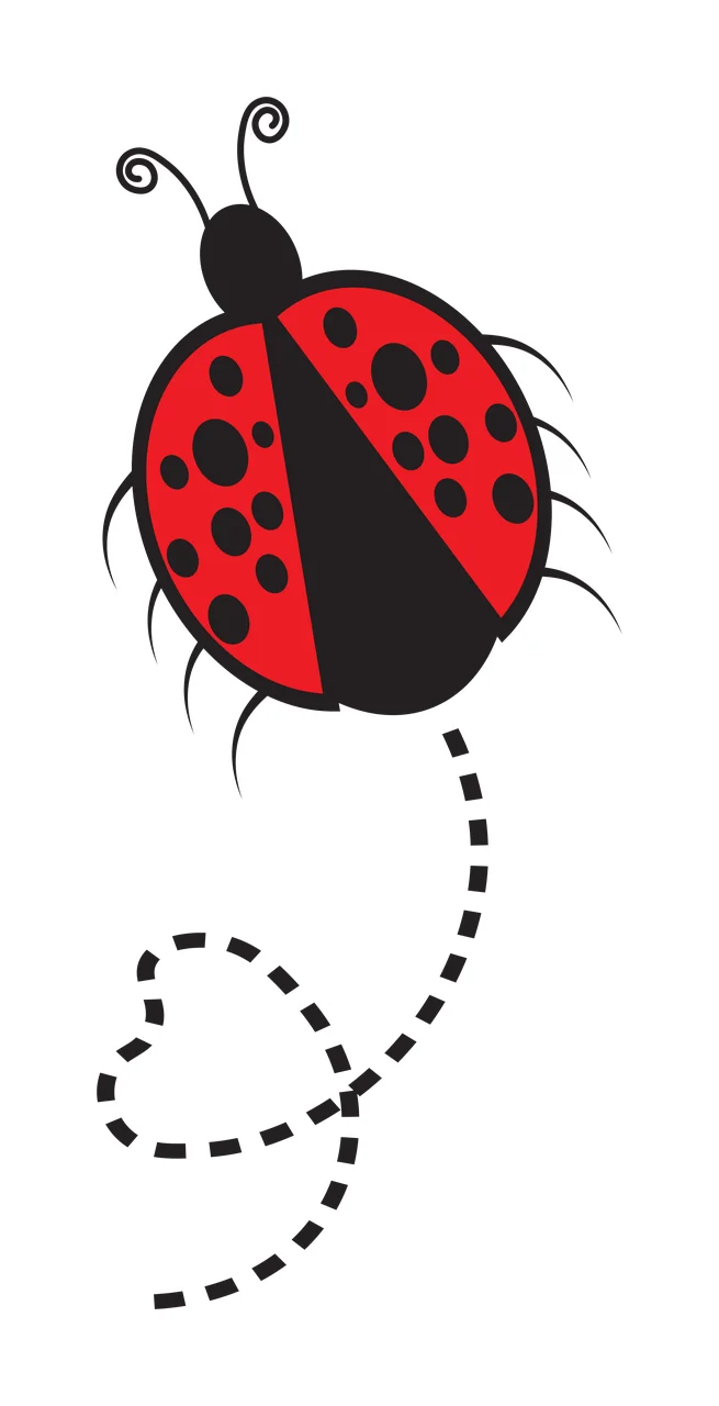 Ladybug with heart-shaped trail Illustration with red ladybug with black spots, black antennae, black legs and dashed line forming a heart