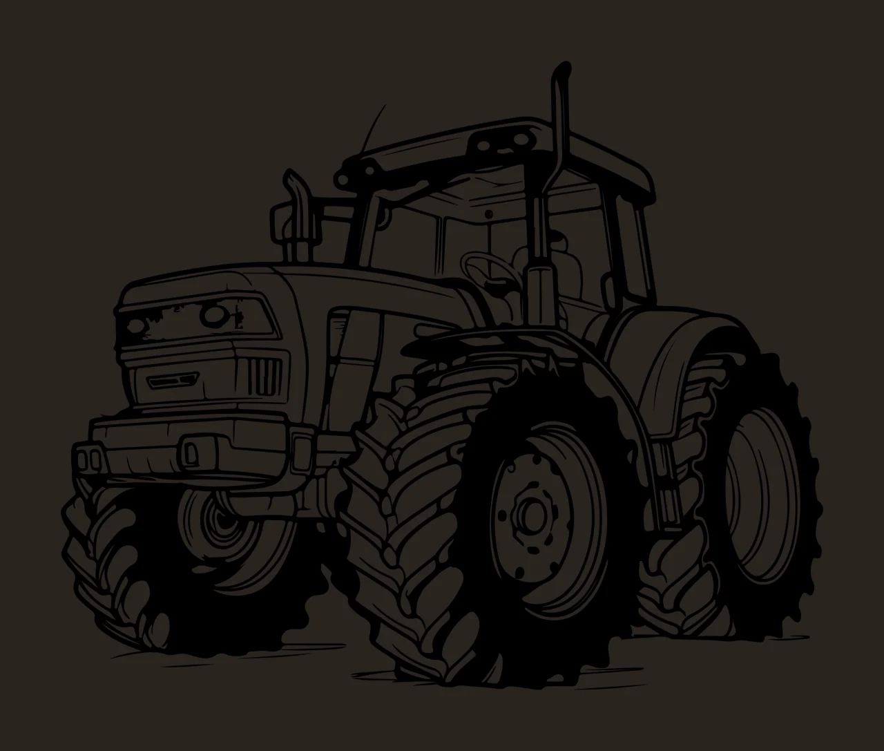 Tractor Illustration With Large Tires exhaust pipe line art contrast preview thumbnail