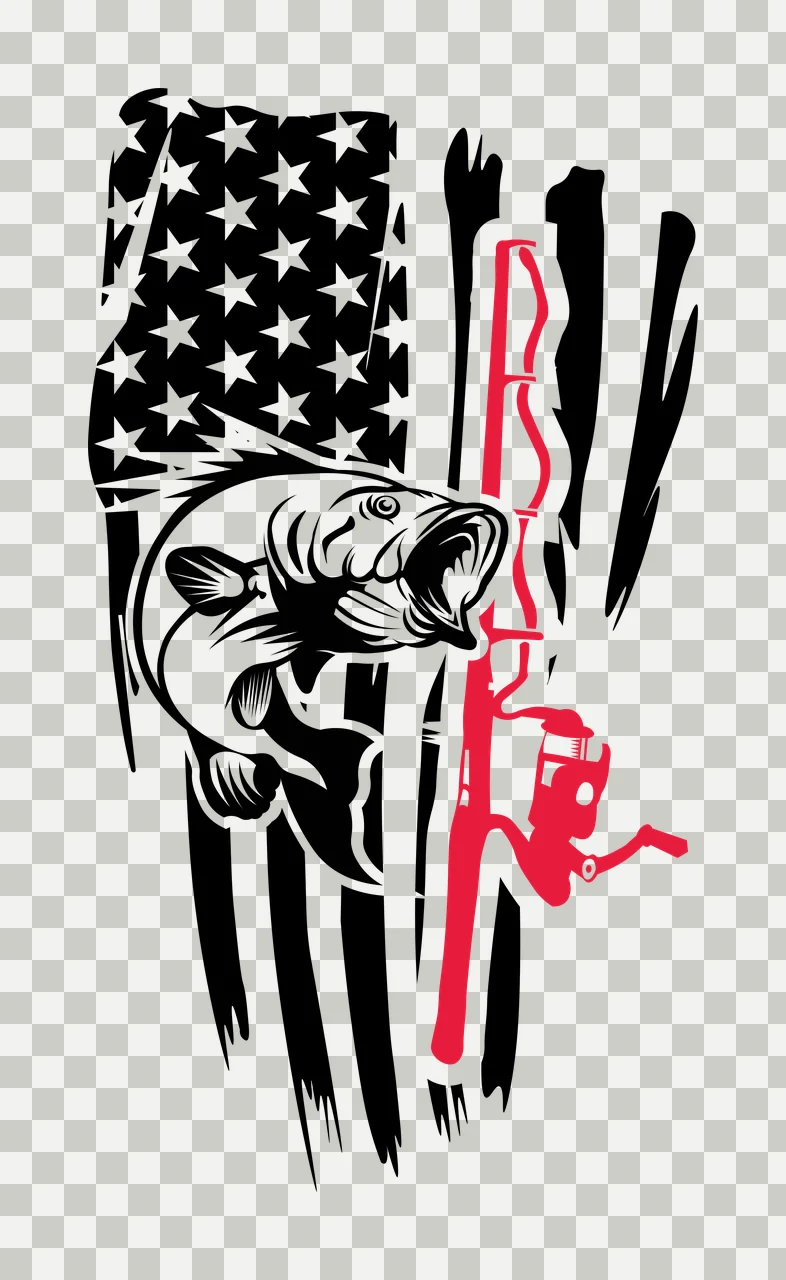 Fishing Distressed Flag With Bass fish jumping rod stars stripes transparency and detail preview thumbnail