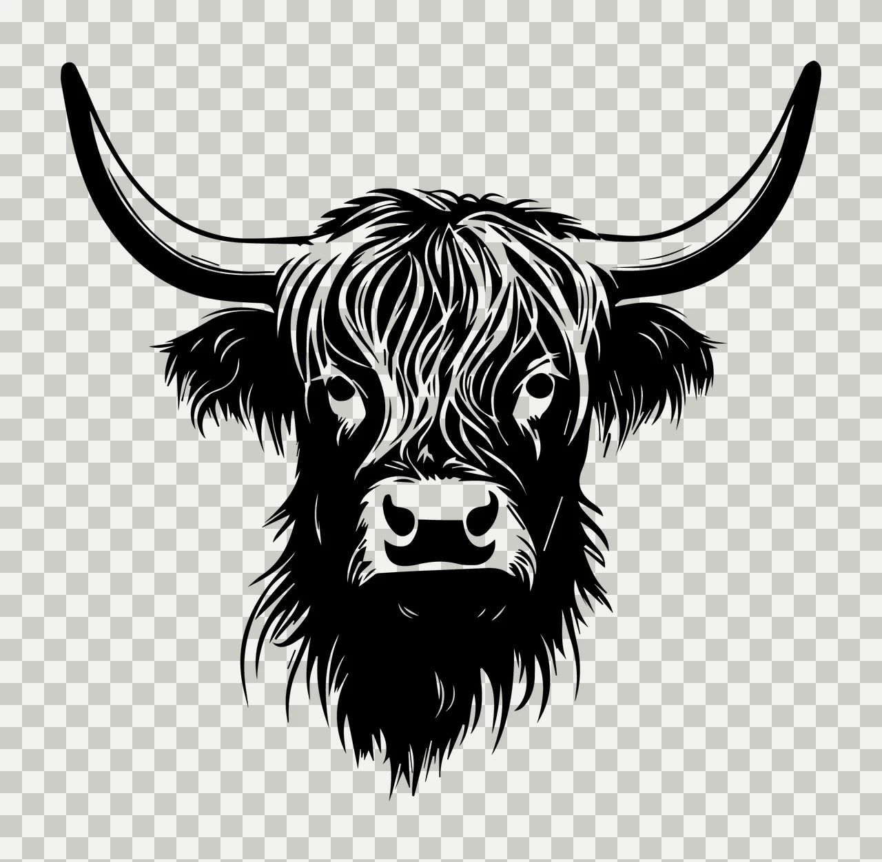 Highland Cow Cattle Head Silhouette horns hair eyes snout black transparency and detail preview thumbnail