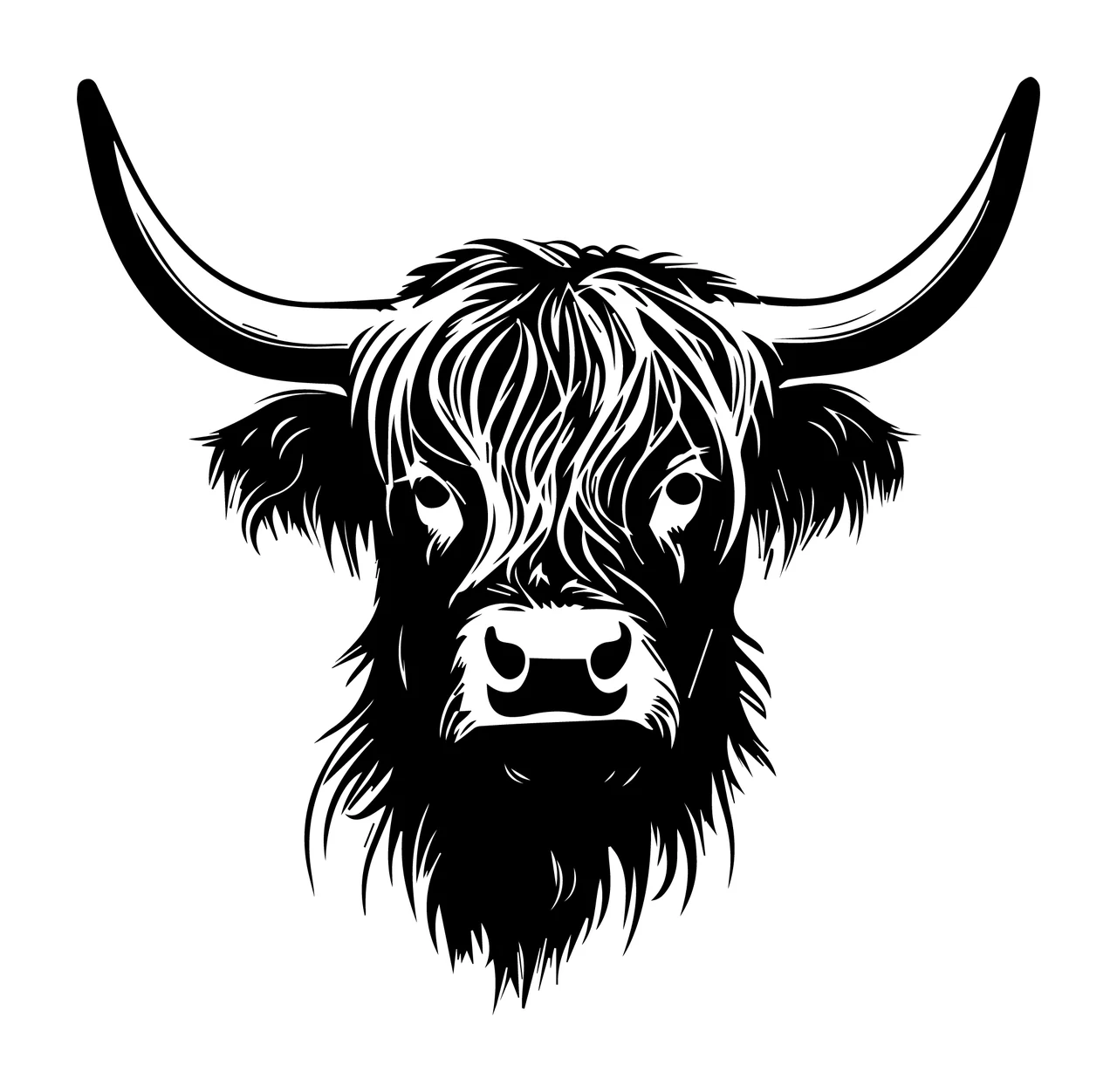Highland Cow Cattle Head Silhouette horns hair eyes snout black