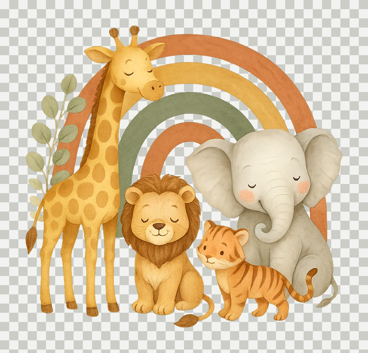 Neutral Safari Animals Rainbow Cute Elephant Giraffe Leopard transparency and detail preview thumbnail