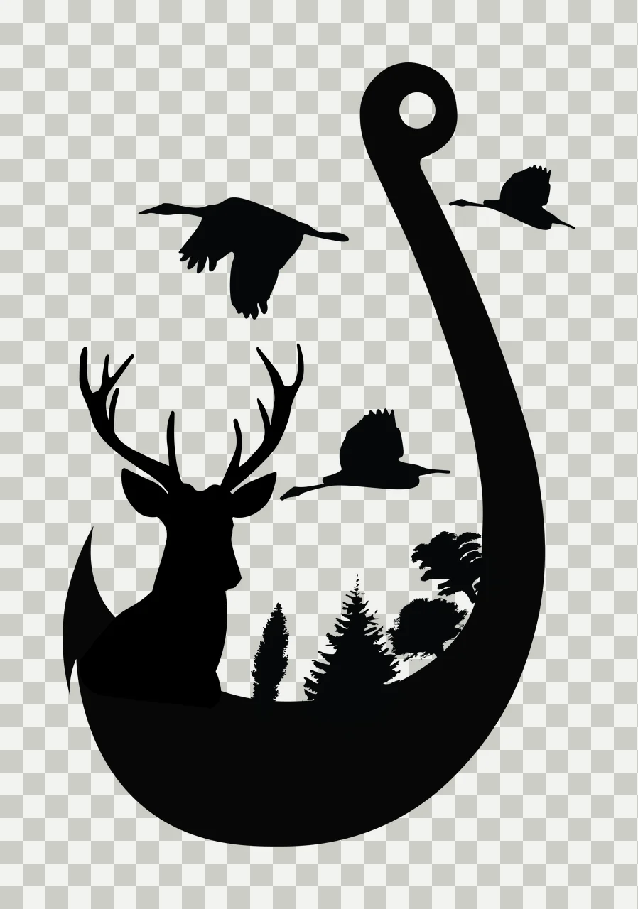 Deer Hook Head Silhouette With Flying Birds Inside fish trees transparency and detail preview thumbnail