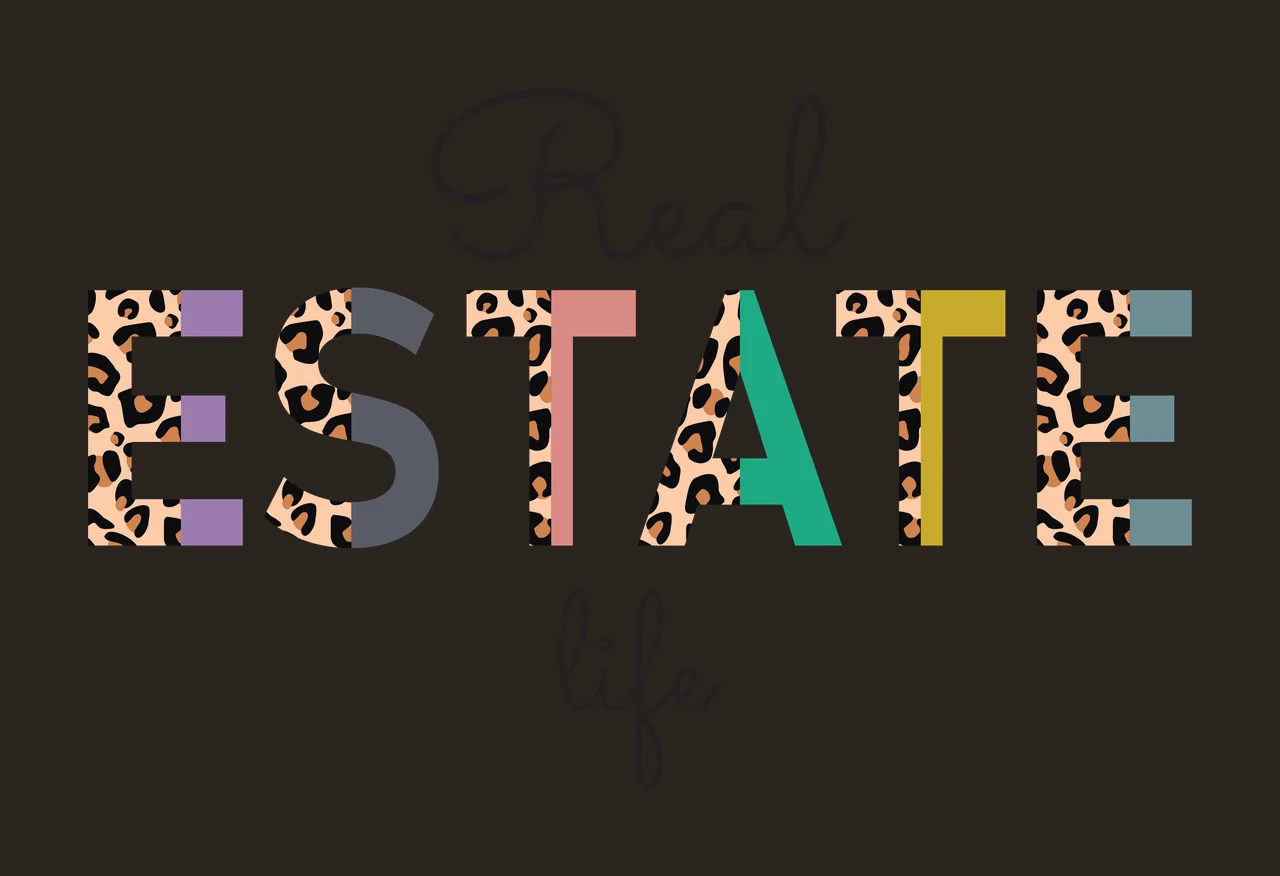 Real ESTATE life Typography Design with leopard print pattern, multicolored solid blocks and black cursive script letters in beige and purple contrast preview thumbnail