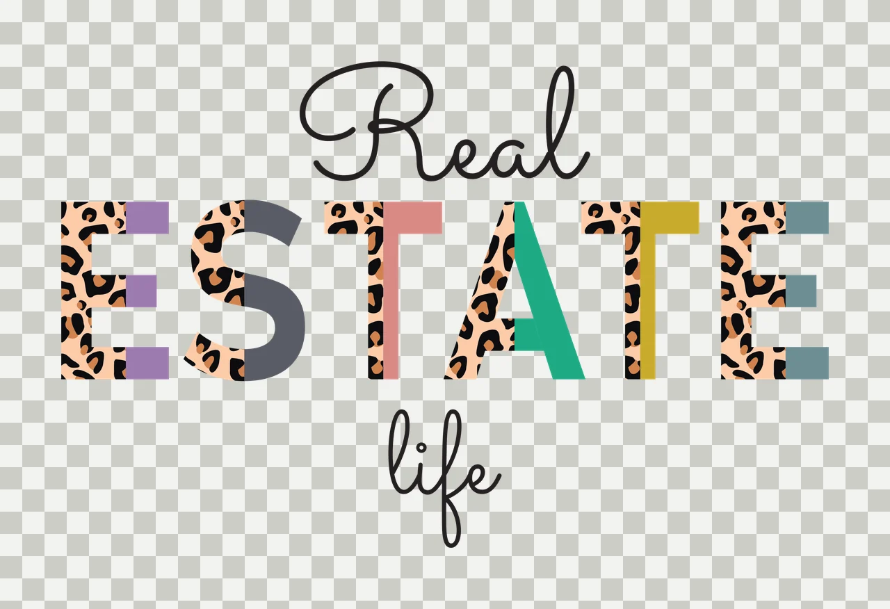Real ESTATE life Typography Design with leopard print pattern, multicolored solid blocks and black cursive script letters in beige and purple transparency and detail preview thumbnail