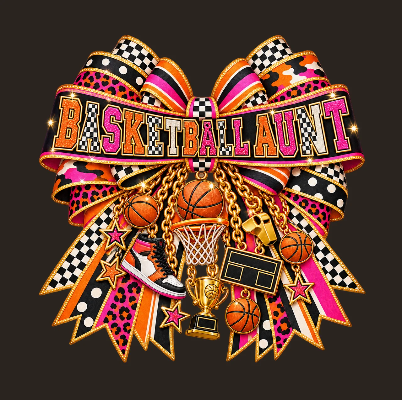 Basketball Aunt Bow Charm PNG, Patterned Varsity Aunt Ribbon Clipart, Transparent Sublimation Digital Download contrast preview thumbnail