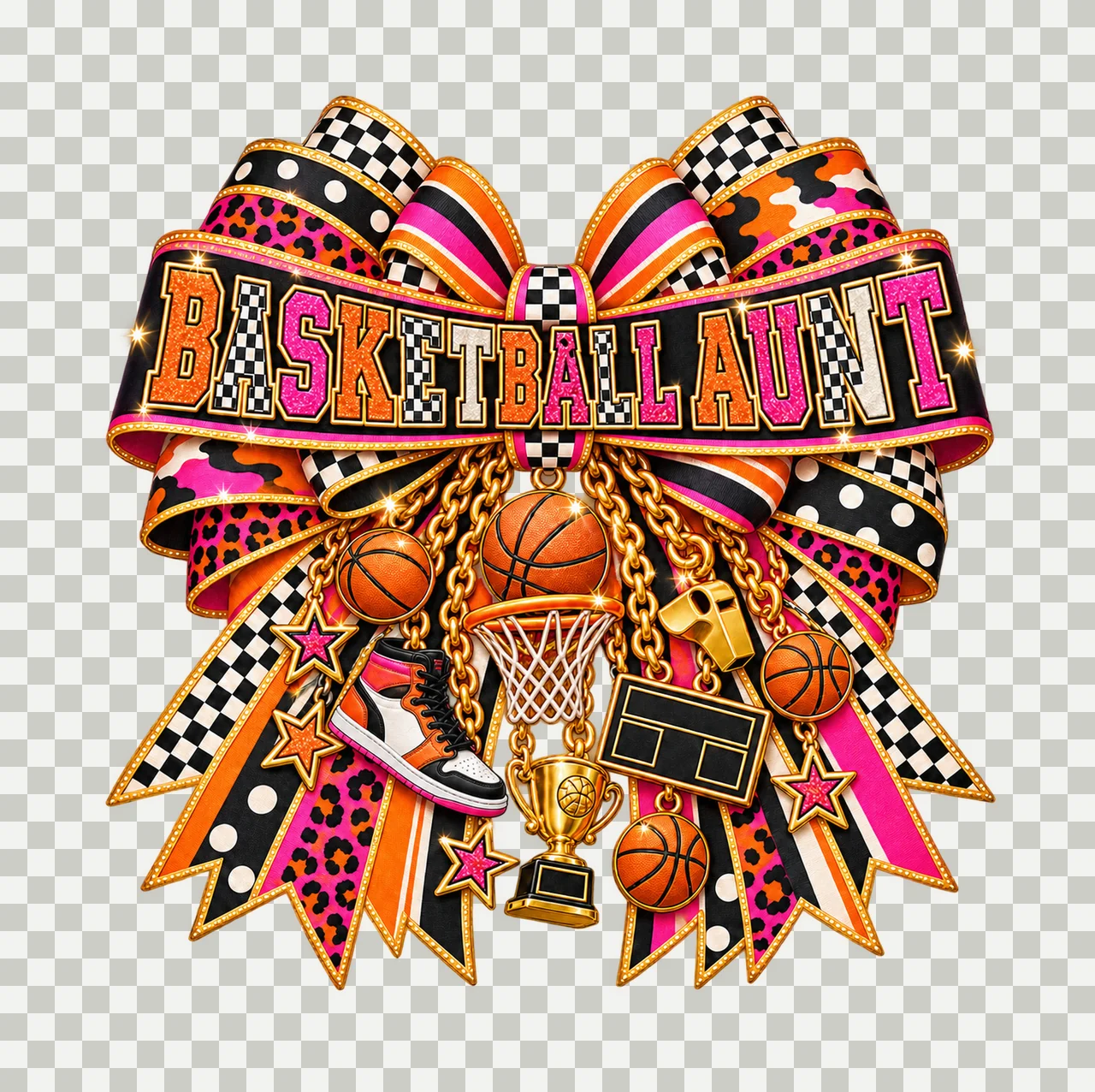 Basketball Aunt Bow Charm PNG, Patterned Varsity Aunt Ribbon Clipart, Transparent Sublimation Digital Download transparency and detail preview thumbnail