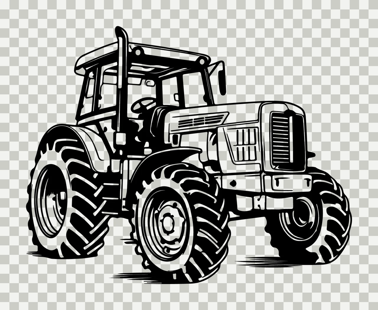 Tractor Side View With Large Tires cabin exhaust pipe line art transparency and detail preview thumbnail