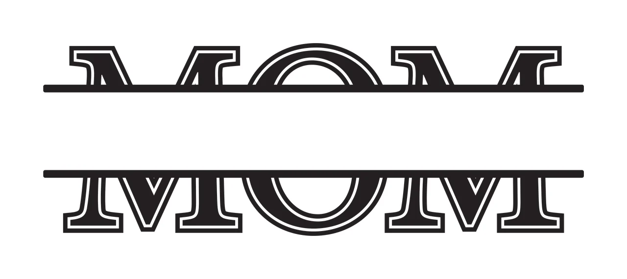 MOM Monogram Design with split monogram, serif lettering, horizontal lines and blank central space in black and white