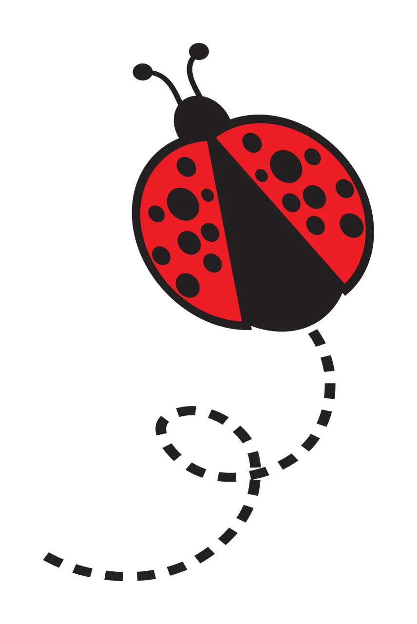 Ladybug design with red ladybug, black polka dots, black antennae and black dashed trail