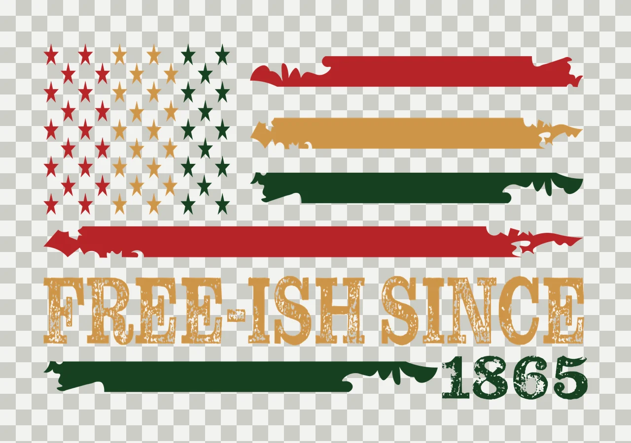 FREE-ISH SINCE 1865 Juneteenth Design design with five-pointed stars, brush stroke stripes, distressed lettering and year 1865 in red, gold and green transparency and detail preview thumbnail
