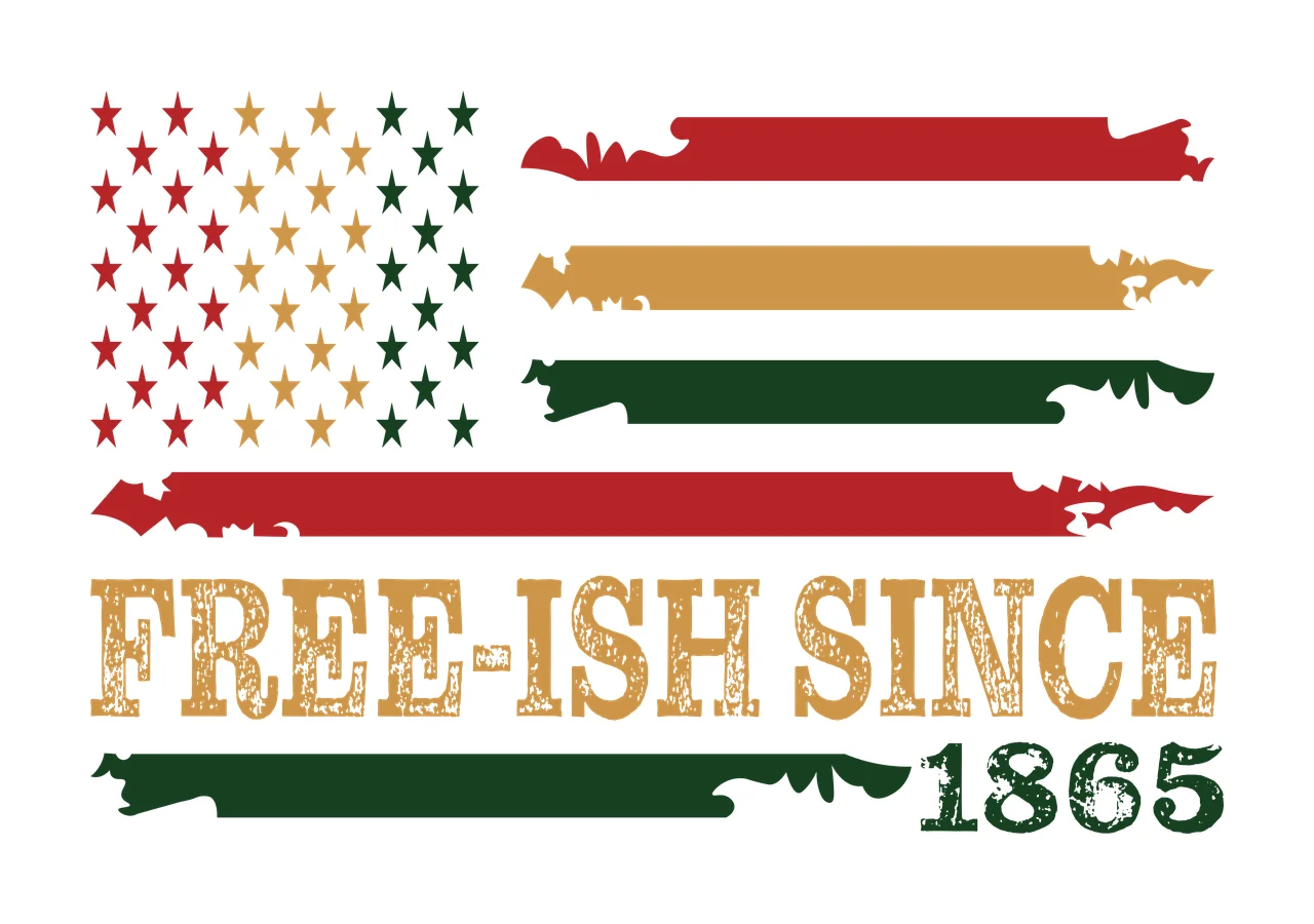FREE-ISH SINCE 1865 Juneteenth Design design with five-pointed stars, brush stroke stripes, distressed lettering and year 1865 in red, gold and green