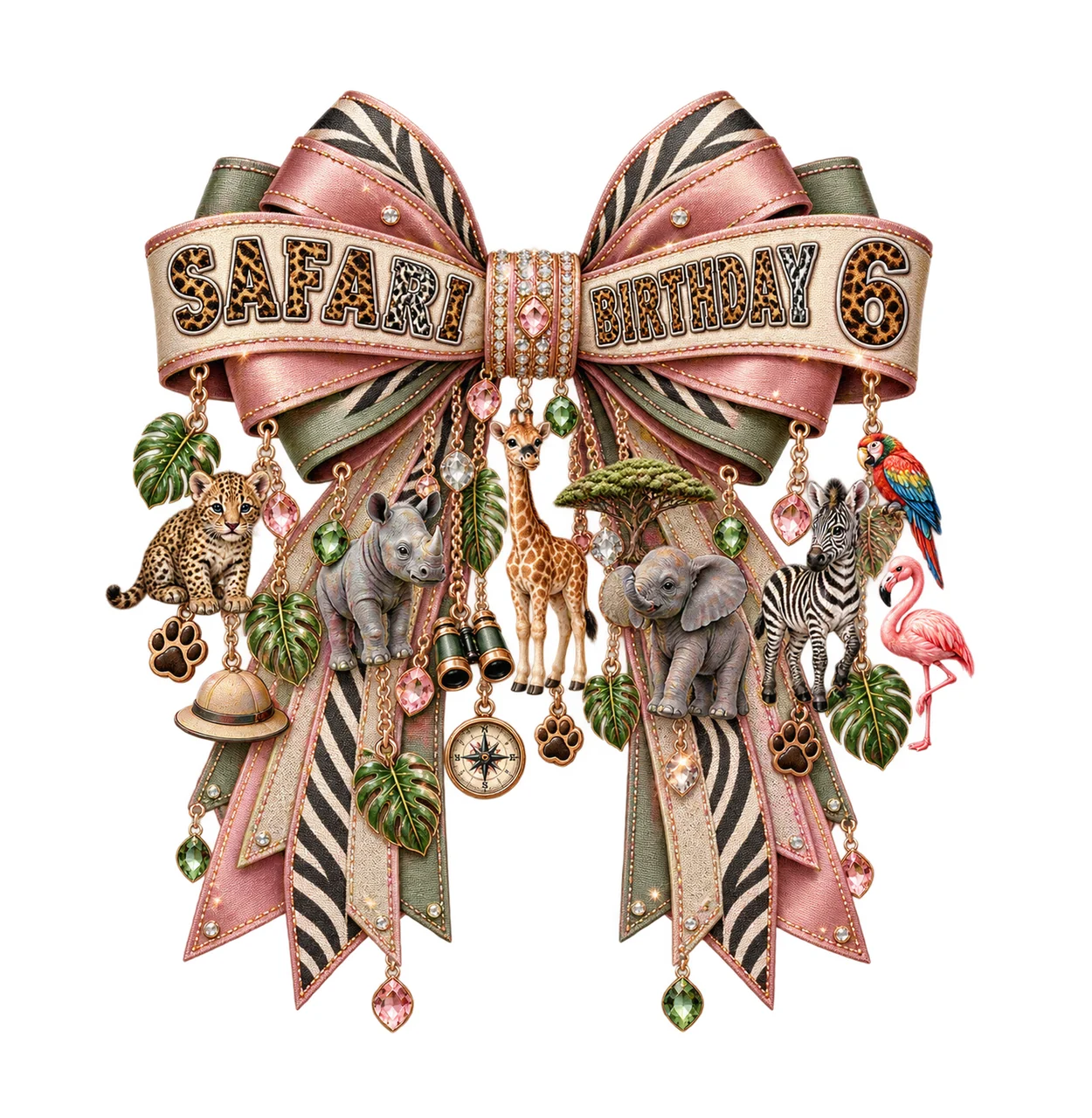Safari Birthday 6 Bow Charm PNG, Jungle Animal Birthday Clipart, Transparent Sublimation Digital Download